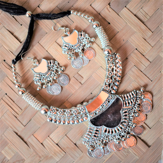 Silver Oxidised Mirror and Coin Choker Necklace with Earrings - GlitterGleam