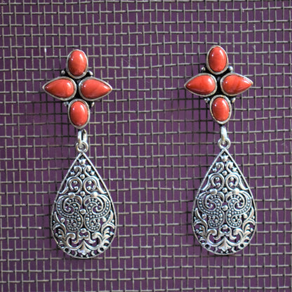 Red Floral Gemstone Stud Dew Drop Earrings - GlitterGleam
