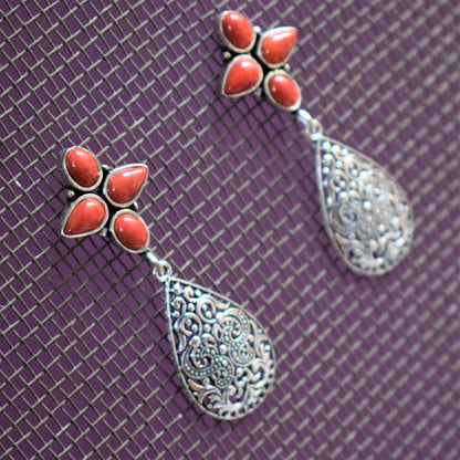Red Floral Gemstone Stud Dew Drop Earrings - GlitterGleam