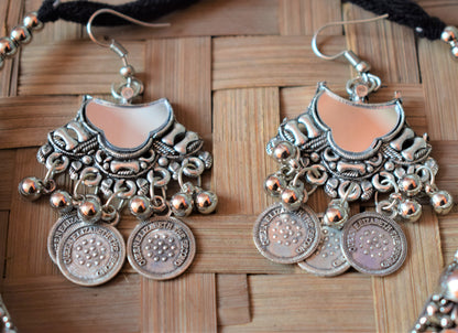 Silver Oxidised Mirror and Coin Choker Necklace with Earrings - GlitterGleam