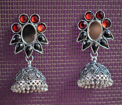 Gemstone and Mirror German Silver Carved Jhumki - GlitterGleam