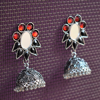 Gemstone and Mirror German Silver Carved Jhumki - GlitterGleam