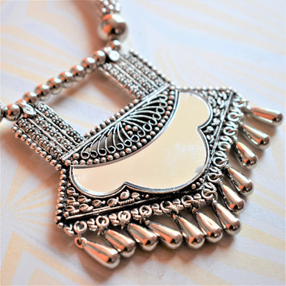 Rajasthani Tribal Motif Mirror Necklace with Earrings - GlitterGleam