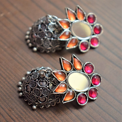 Gemstone and Mirror German Silver Carved Jhumki - GlitterGleam