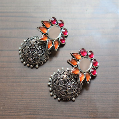 Gemstone and Mirror German Silver Carved Jhumki - GlitterGleam