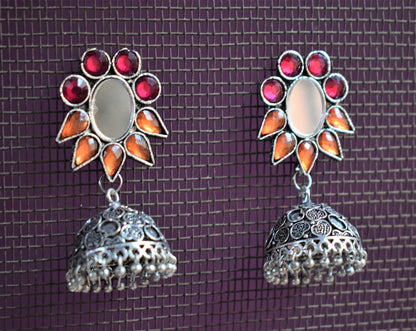 Gemstone and Mirror German Silver Carved Jhumki - GlitterGleam