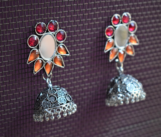 Gemstone and Mirror German Silver Carved Jhumki - GlitterGleam