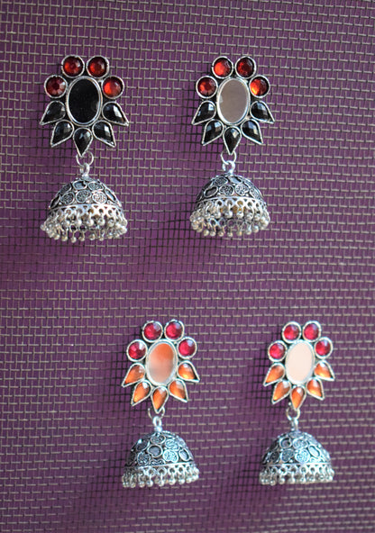 Gemstone and Mirror German Silver Carved Jhumki - GlitterGleam