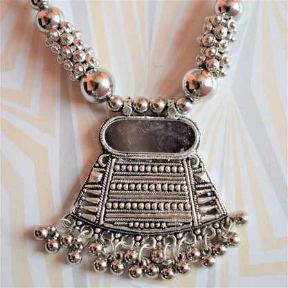 Tribal Motif Silver Mirror Pendant Thread Necklace with Earrings - GlitterGleam
