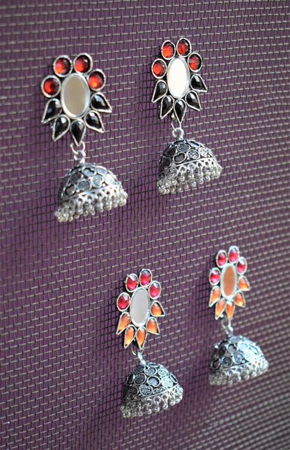 Gemstone and Mirror German Silver Carved Jhumki - GlitterGleam