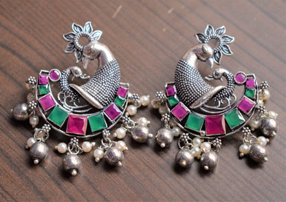 Designer German Silver Peacock Gemstone and Pearl Stud Earrings - GlitterGleam