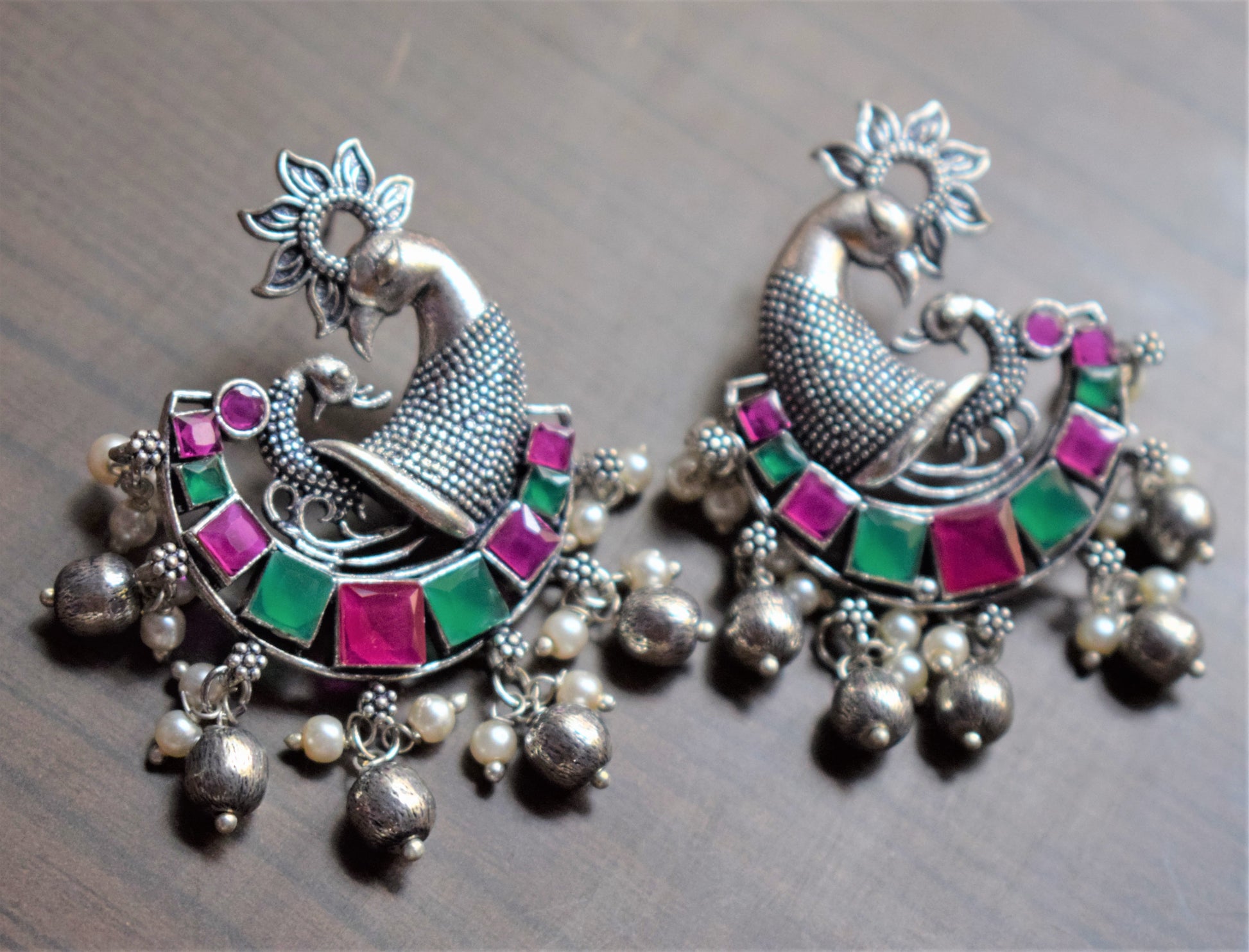 Designer German Silver Peacock Gemstone and Pearl Stud Earrings - GlitterGleam