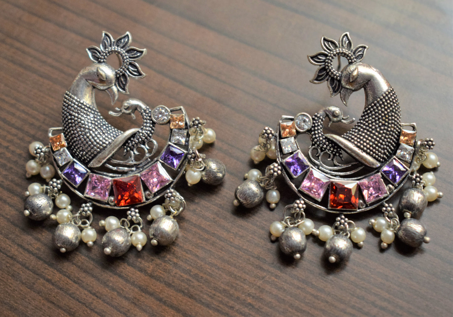 Designer German Silver Peacock Gemstone and Pearl Stud Earrings - GlitterGleam