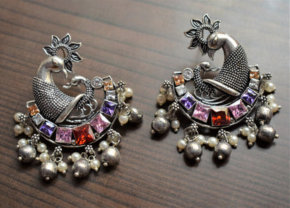 Designer German Silver Peacock Gemstone and Pearl Stud Earrings - GlitterGleam