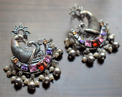 Designer German Silver Peacock Gemstone and Pearl Stud Earrings - GlitterGleam