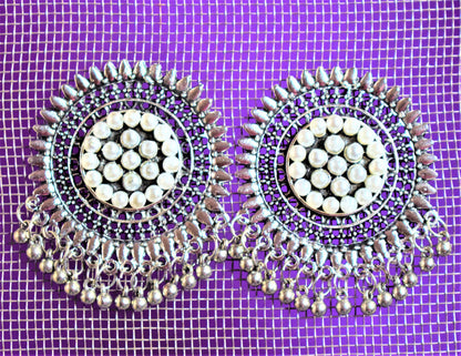 Silver Oxidised Pearl Beaded Large Chakra Stud - GlitterGleam