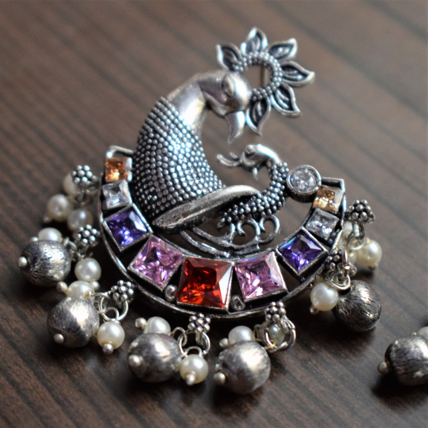 Designer German Silver Peacock Gemstone and Pearl Stud Earrings - GlitterGleam