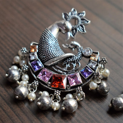 Designer German Silver Peacock Gemstone and Pearl Stud Earrings - GlitterGleam