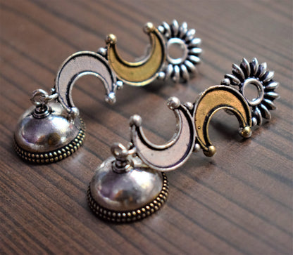 Sun and Moon German Silver Jhumki Earrings - GlitterGleam