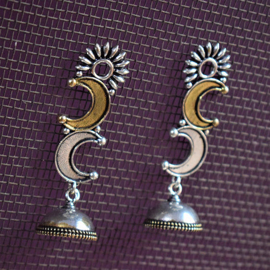 Sun and Moon German Silver Jhumki Earrings - GlitterGleam