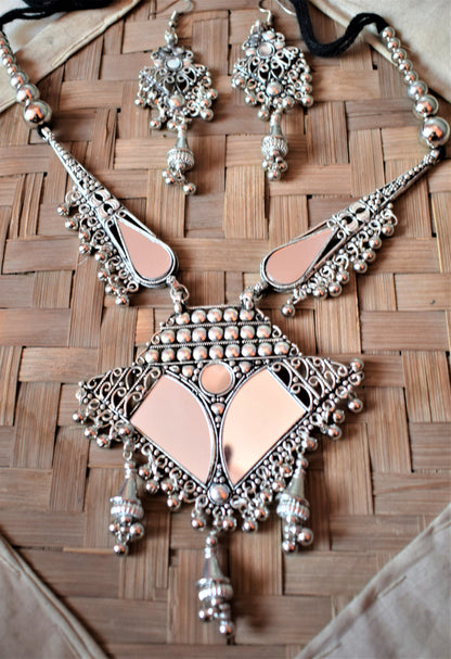 Large Mirror Pendant Thread Necklace with Earrings - GlitterGleam