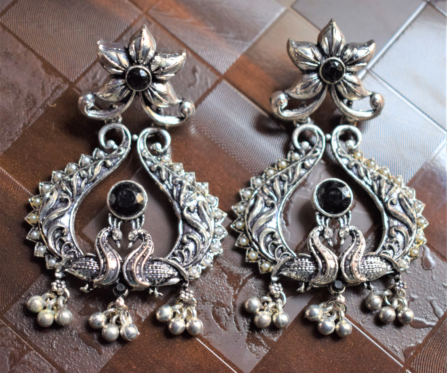 Designer German Silver Oxidised Peacock Twin Earrings - GlitterGleam