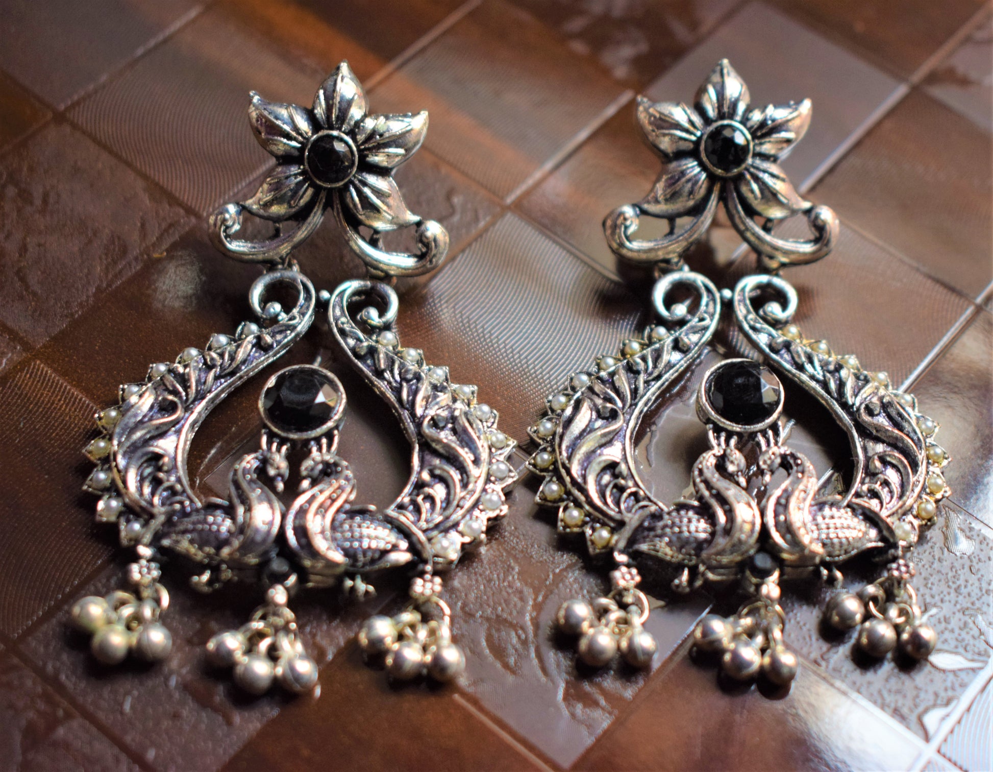 Designer German Silver Oxidised Peacock Twin Earrings - GlitterGleam