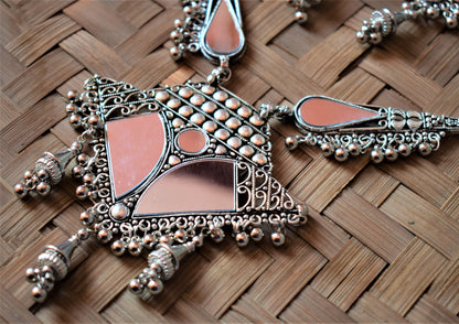 Large Mirror Pendant Thread Necklace with Earrings - GlitterGleam