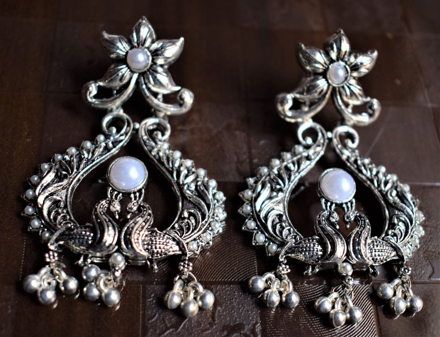 Designer German Silver Oxidised Peacock Twin Earrings - GlitterGleam