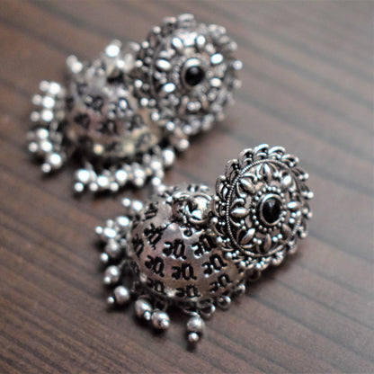 ' माँ ' Maa Scripted German Silver Jhumki - GlitterGleam