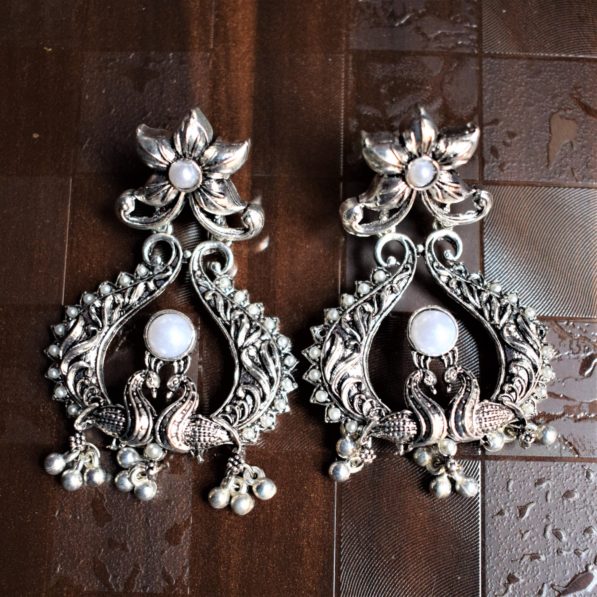 Designer German Silver Oxidised Peacock Twin Earrings - GlitterGleam