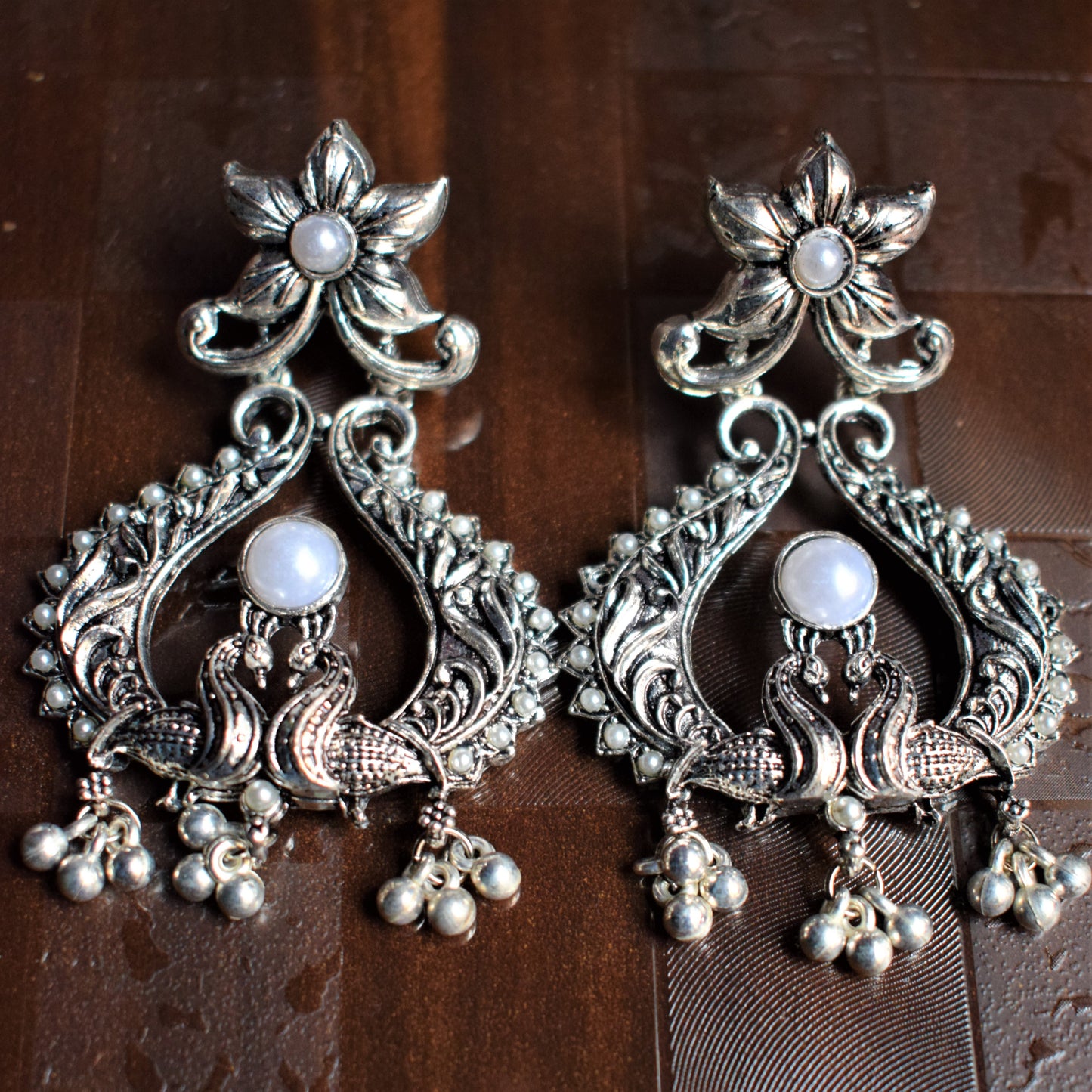 Designer German Silver Oxidised Peacock Twin Earrings - GlitterGleam