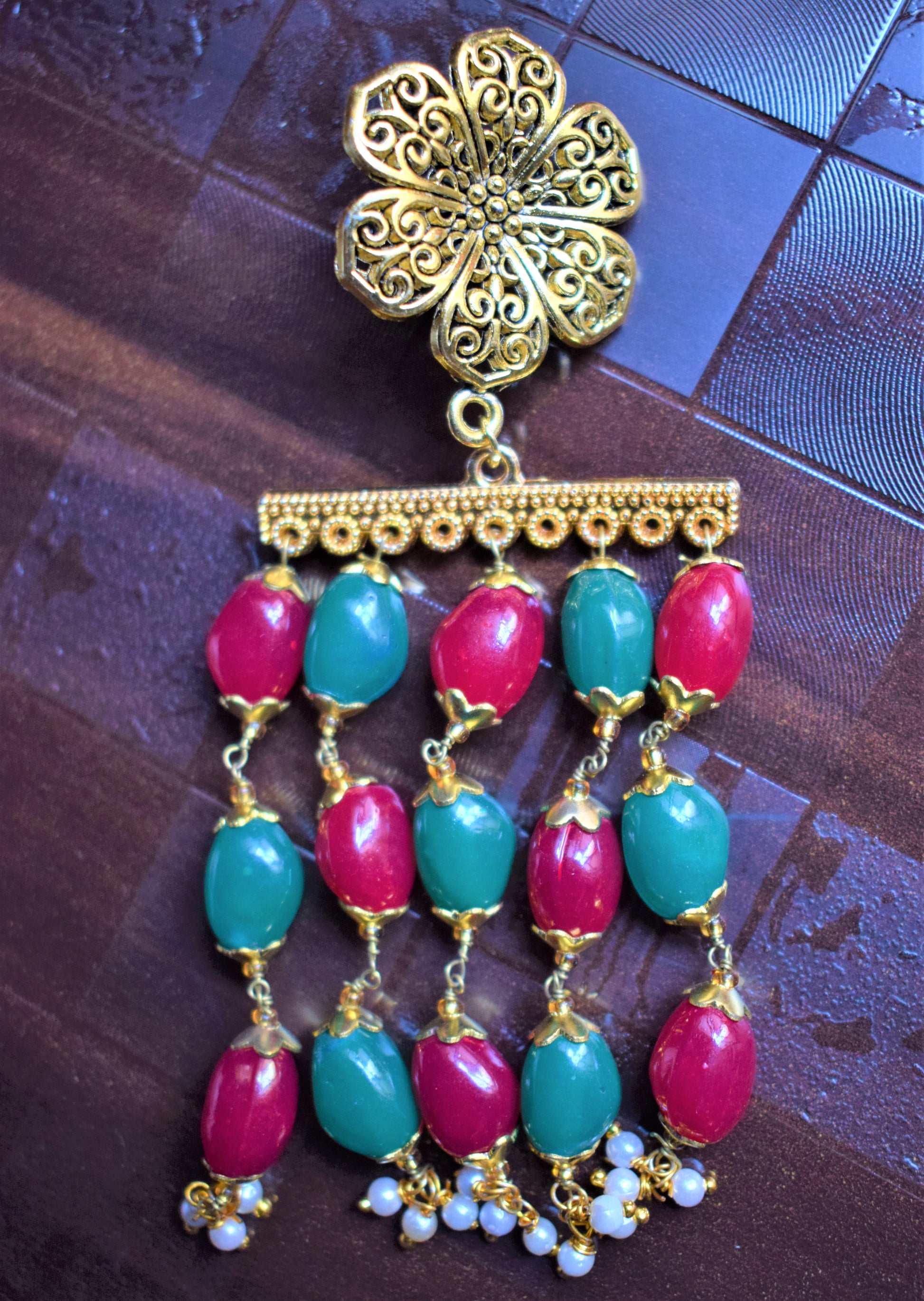 Designer Ruby and Emerald Tassel Golden Earring - GlitterGleam