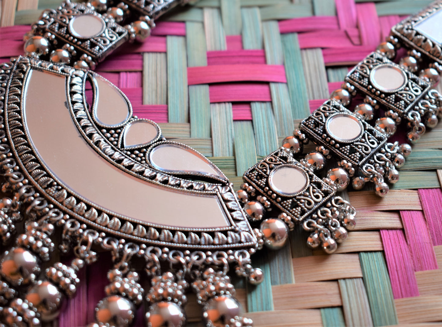 Designer German Silver Traditional Mirror Beaded Mirror Thread Necklace Earring Set - GlitterGleam