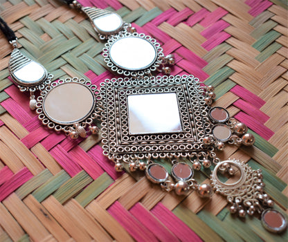 Geometrical Mirror Silver Thread Necklace with Earrings - GlitterGleam