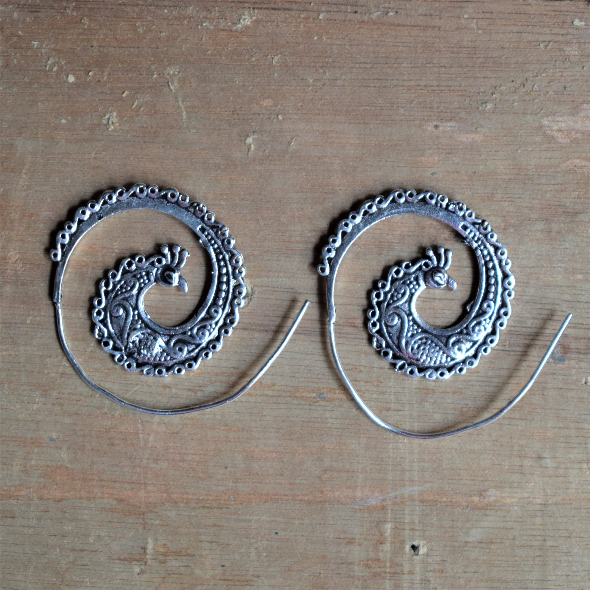 Silver Peacock Spiral Earrings - GlitterGleam
