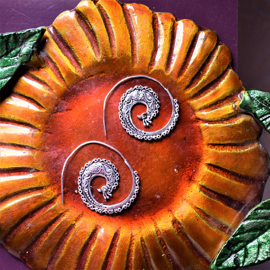Silver Peacock Spiral Earrings - GlitterGleam