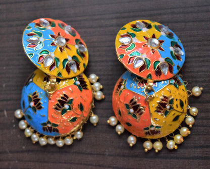 Kundan and Pearl Meenakari Golden Jhumki - GlitterGleam
