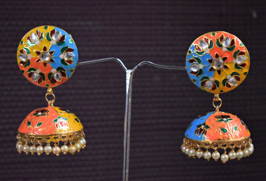 Kundan and Pearl Meenakari Golden Jhumki - GlitterGleam