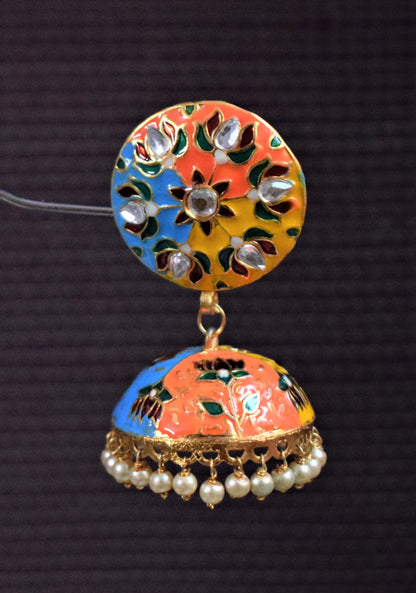 Kundan and Pearl Meenakari Golden Jhumki - GlitterGleam