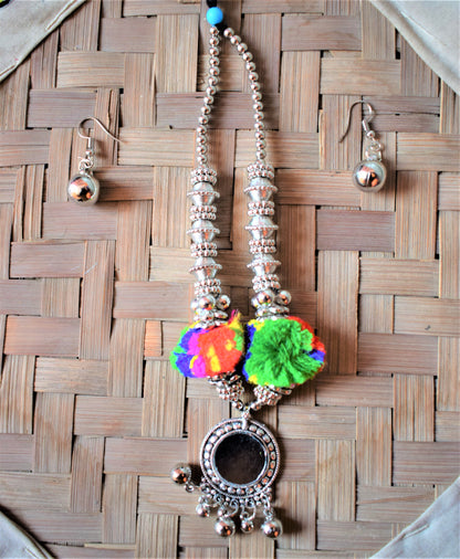 Silver Pom Pom Mirror Pendant Round Bead Thread Necklace with Earrings - GlitterGleam
