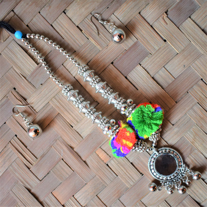 Silver Pom Pom Mirror Pendant Round Bead Thread Necklace with Earrings - GlitterGleam