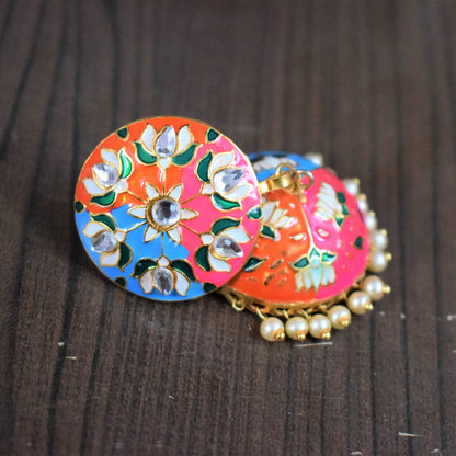Kundan and Pearl Meenakari Golden Jhumki - GlitterGleam