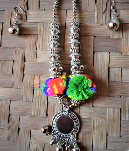 Silver Pom Pom Mirror Pendant Round Bead Thread Necklace with Earrings - GlitterGleam