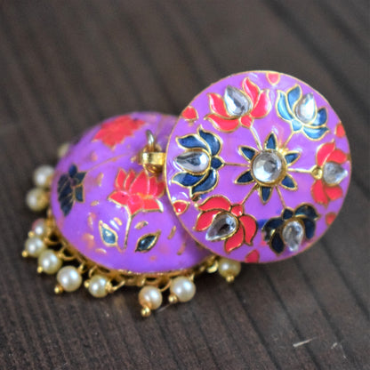 Kundan and Pearl Meenakari Golden Jhumki - GlitterGleam