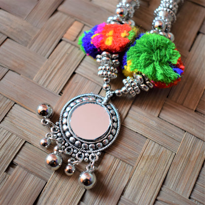 Silver Pom Pom Mirror Pendant Round Bead Thread Necklace with Earrings - GlitterGleam