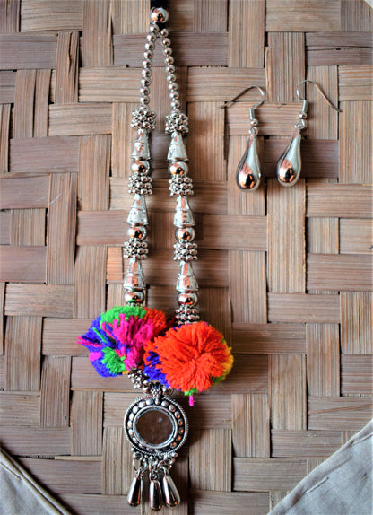 Silver Pom Pom Mirror Pendant Tapering Bead Thread Necklace with Earrings - GlitterGleam