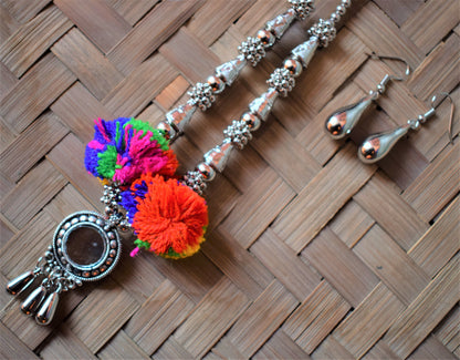 Silver Pom Pom Mirror Pendant Tapering Bead Thread Necklace with Earrings - GlitterGleam