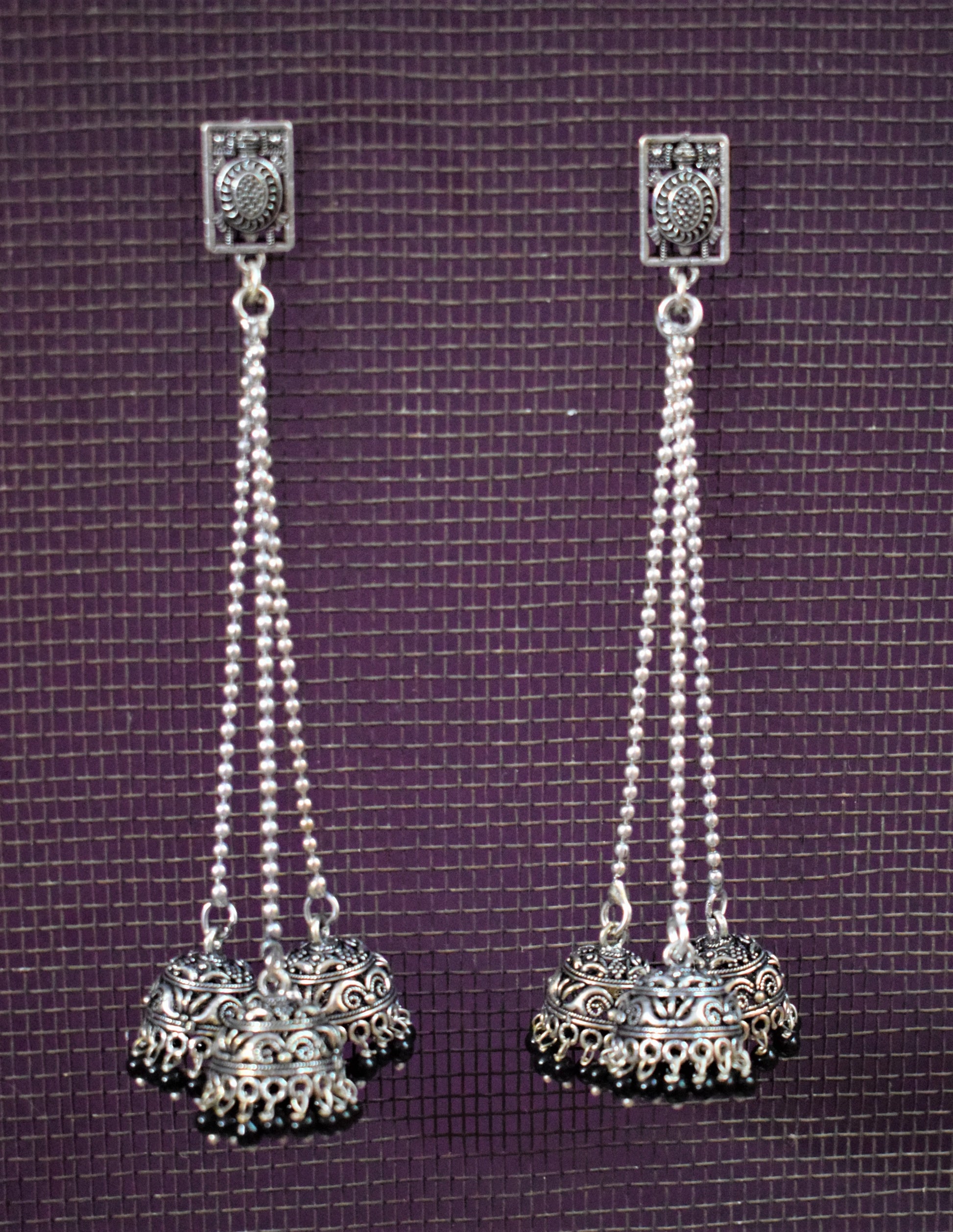 Turtle Kashmiri Latkan Triple German Silver Jhumki Earrings - GlitterGleam