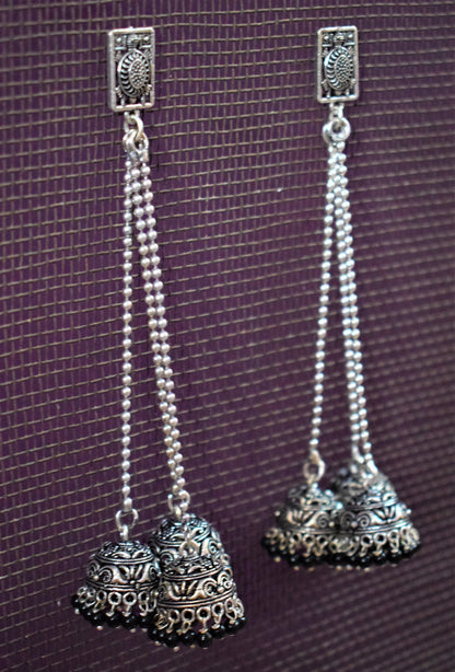 Turtle Kashmiri Latkan Triple German Silver Jhumki Earrings - GlitterGleam
